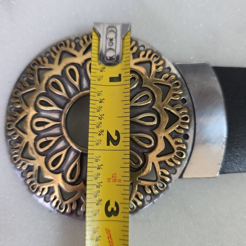 Chico's Black Genuine Leather Belt S/M Boho Mixed Metal Ornate Buckle 30" 2485 - Picture 10 of 12